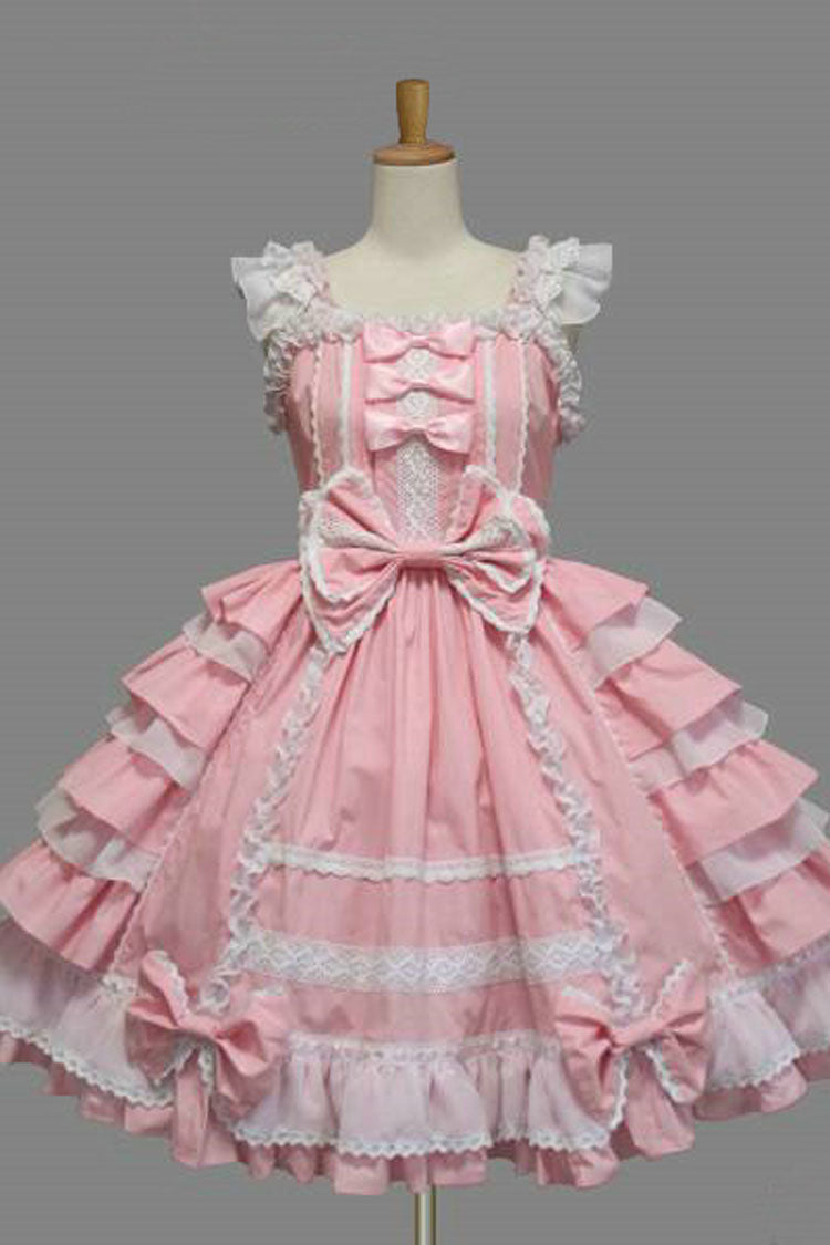 Lace Square Neck Cap Sleeve Knee Length Ruffled Bowknot Sweet Lolita Dress