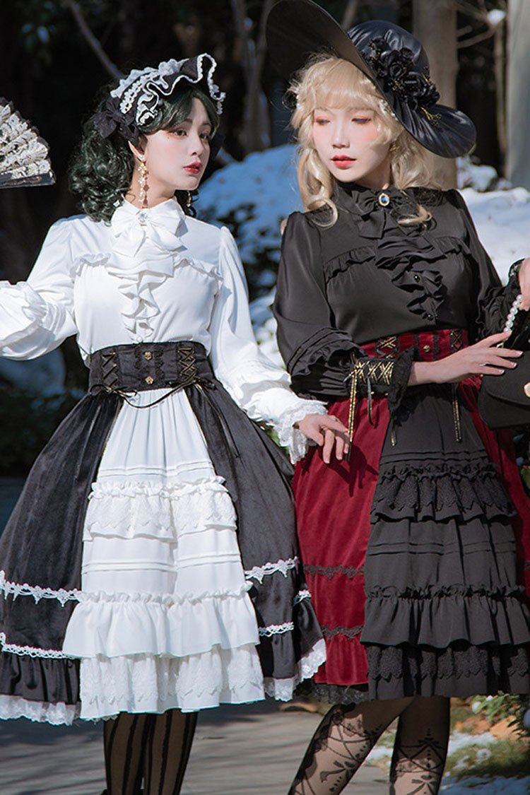 Black/Red Stitching Cardigan Ruffled Multi-Layer Gothic Lolita Skirt Dress