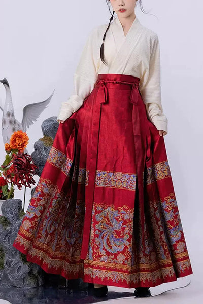 Red Chinese Style Print High Waisted Womens Hanfu Skirt