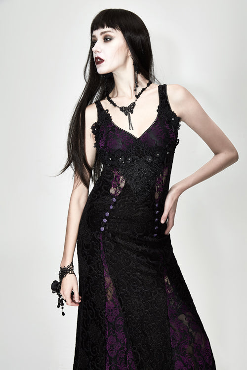 Gothic Nipped Waist Black With Purple Long Rose Lace Womens Dress