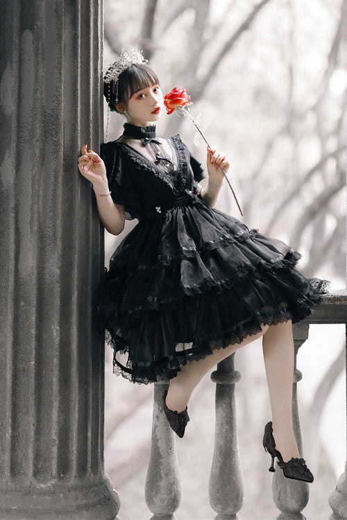 Lace Round Collar Ruffled Short Sleeves Sweet Lolita Tiered Dress