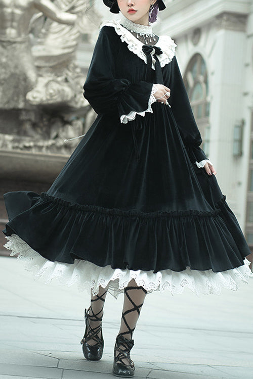 Black Silk Velvet Doll Collar Elegant Long Classic Lolita OP Dress