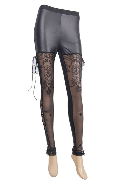 Black Side Hollow Out Lace Up Gothic Positioned Flower Flocking Mesh Legging