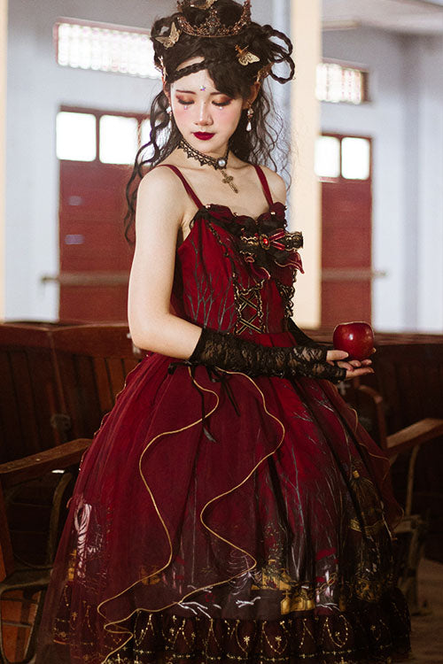 Red Decaying Forest Round Collar Bowknot Ruffled Classic Lolita JSK Dress