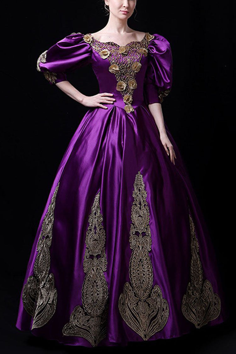 Boat Neck Half Sleeves High Waisted Three Dimensional Golden Floral Hollow Print Victorian Lolita Prom Dress