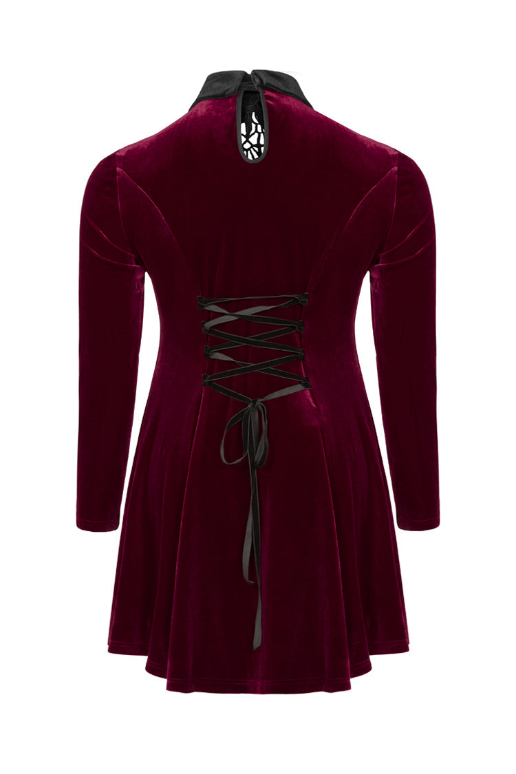 Red Velvet Front Chest Hollow-Out Decals Back Lace-Up Long Sleeve Plus Size Women's Gothic Dress