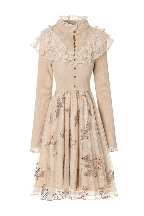 Beige Lace Knit Round Collar Long Sleeves High Waisted Embroidery Mesh Sweet Lolita OP Dress