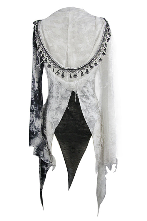 Black And White Tie Dyed Jersey Hooded Punk Asymmetrical Womens Coat