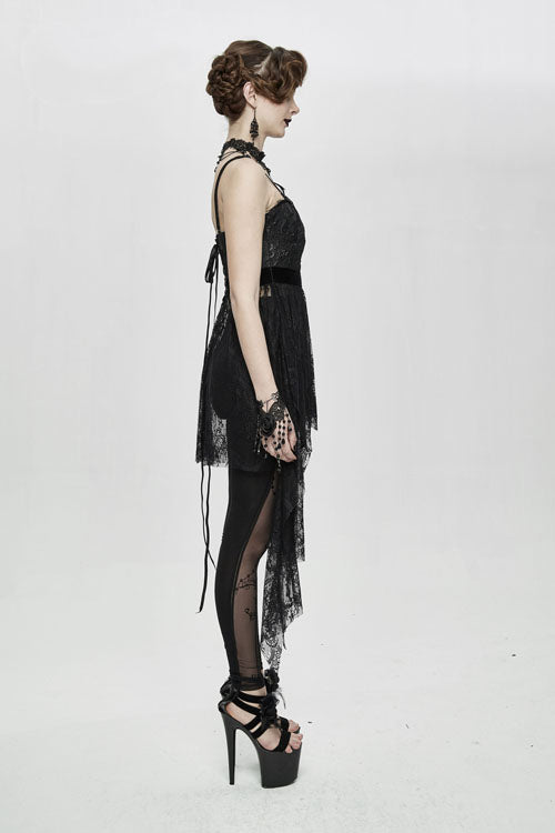 Black Versatile Translucent Sweep Sexy Lace Womens Gothic Dress With Shoulder Straps