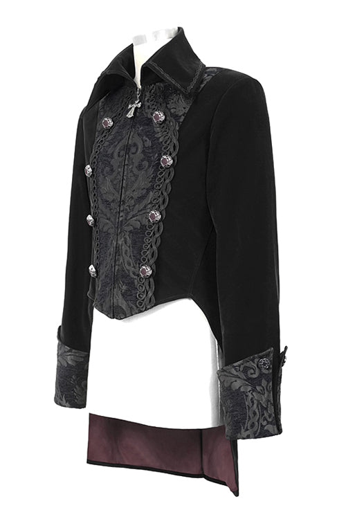 Black Court Pattern Lapel Collar Velvet Mens Gothic Coat