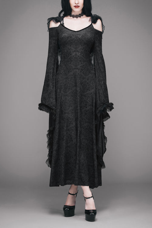Black Gothic Big Cuffs Stretchy Floral Off The Shoulder Hooded Long Womens Dress