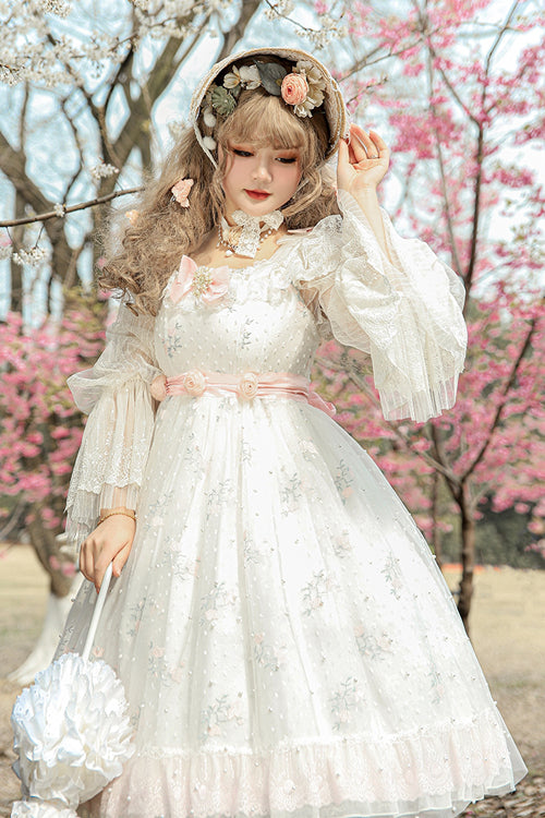 White Pearl Lace Lily Of The Valley Floral Embroidery Plus Size Sweet Lolita JSK Dress