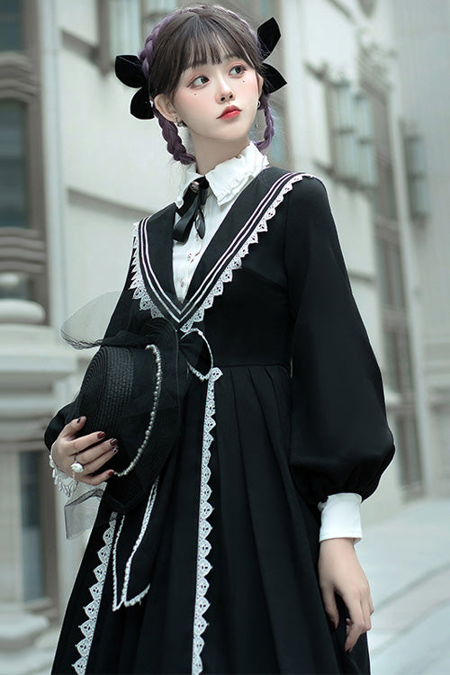 Schwarzes elegantes Gothic Lolita Kleid mit langen Ärmeln und Schleife im College-Stil