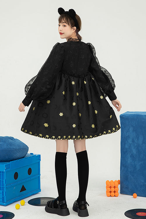 Black Square Neck Organza Print Ruffled Lantern Sleeves High Waisted Sweet Lolita OP Dress
