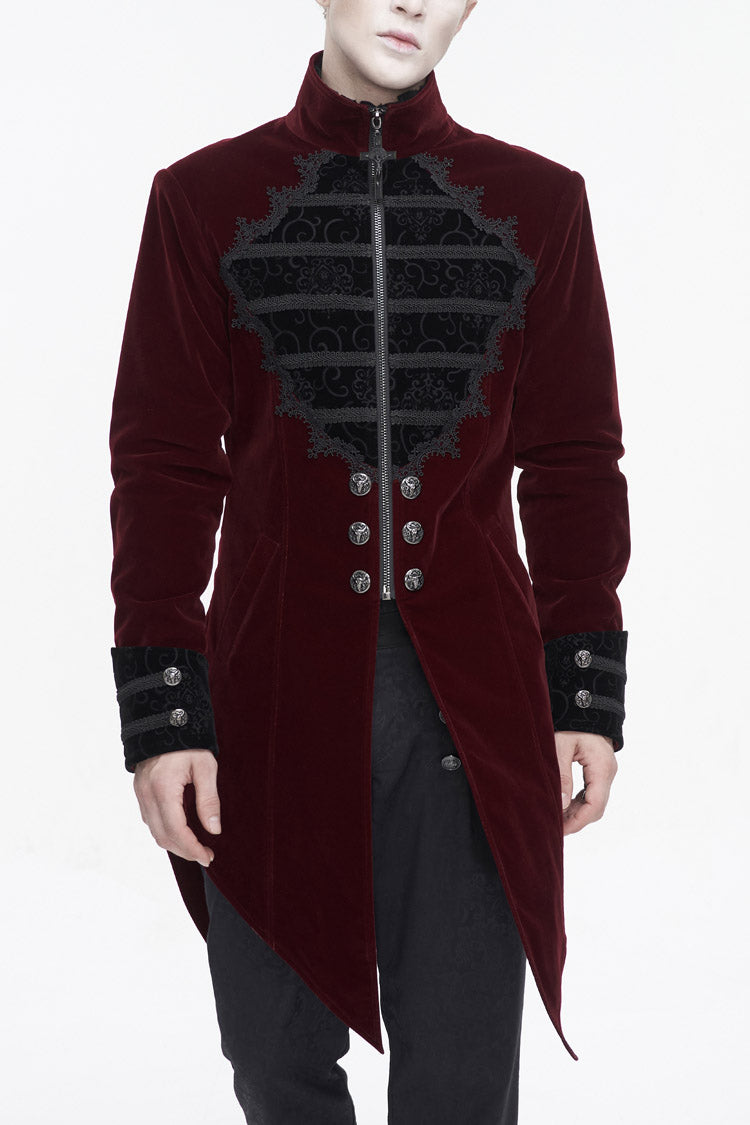 Red Stand Collar Lace Splice Swallow Tailed Men's Gothic Coat