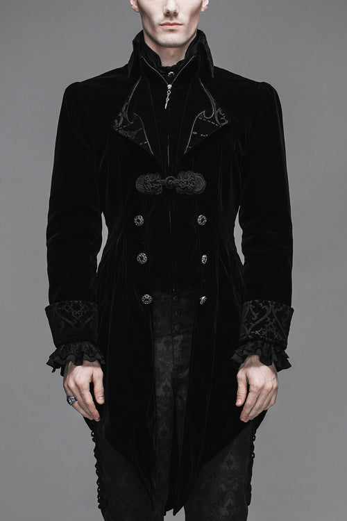Black Embroidered Collar Long Sleeves Mens Velveteen Tuxedo Gothic Coat