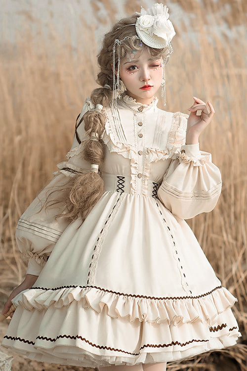 Beige Lantern Sleeves Multi-Layer Ruffled Removable Sweet Lolita OP Tiered Dress