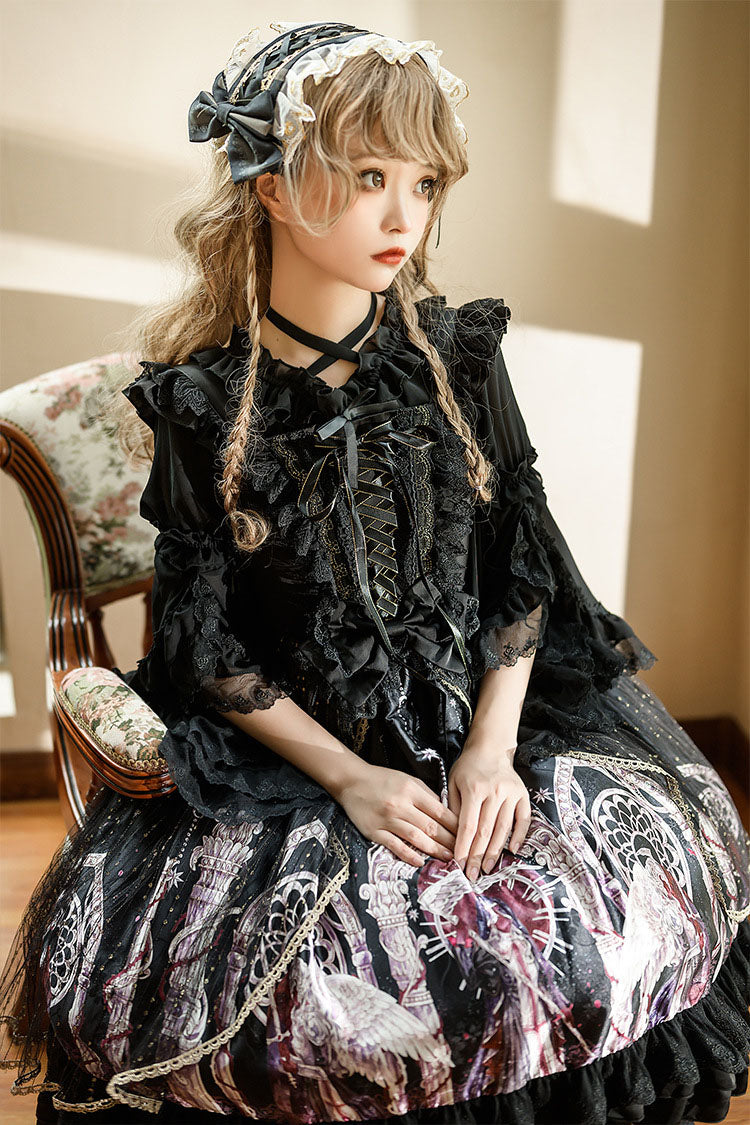 Black Ancient Mythology Angel Wings Print Mesh Stitching Bowknot Ruffled Gothic Lolita Jsk Dress