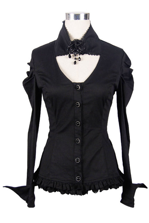 Schwarze Vintage-Bluse mit hohem Kragen und elastischer schmaler Gothic-Bluse für Damen