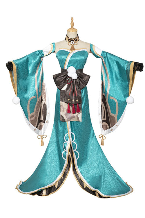 Genshin Impact Gorou Miss Hina Game Halloween Cosplay Costume Cyan Long Dress Full Set