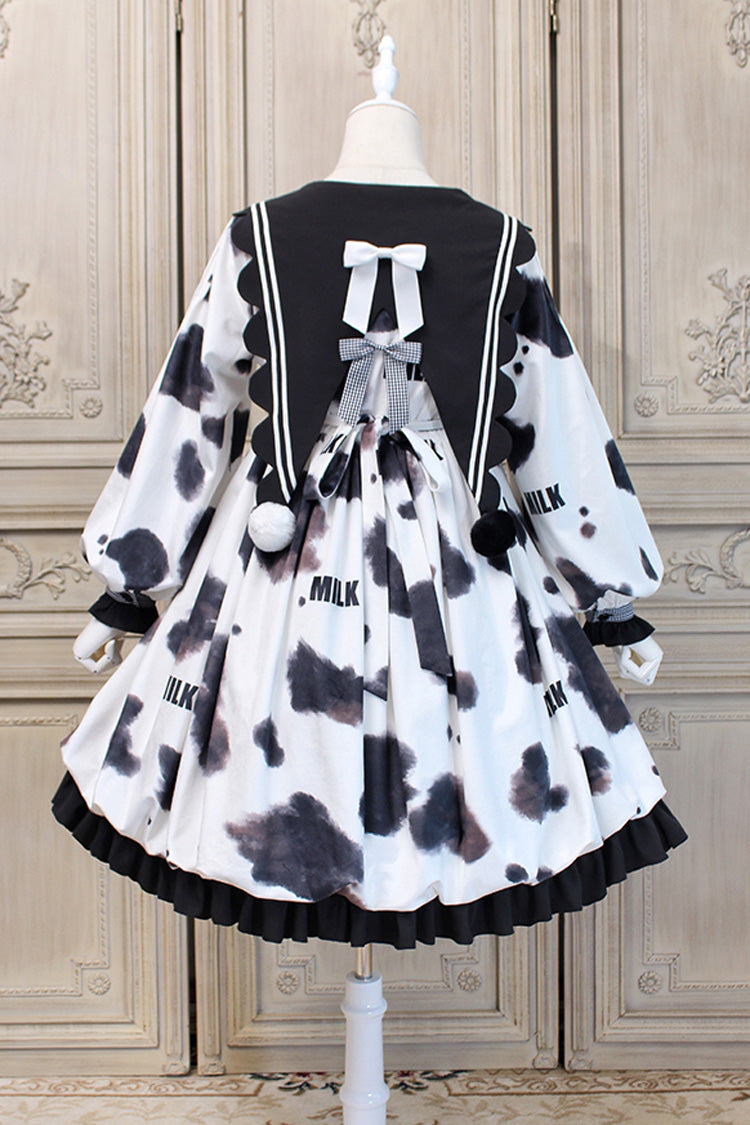 White/Black Navy Collar Headbow Ruffled Stitching Cow Print Sweet Lolita OP Dress