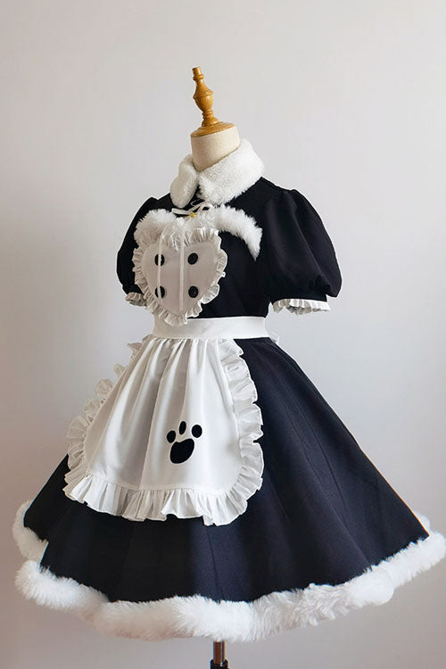 Black/White Cat Paw Print Short Sleeves Maid Sweet Lolita Dress Set