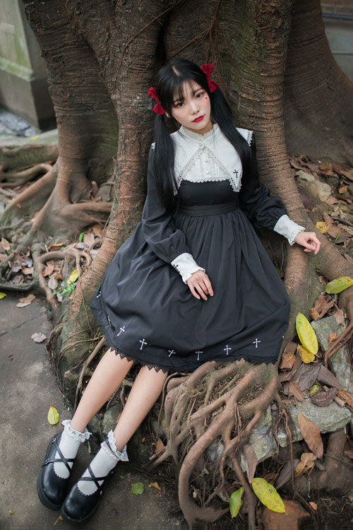 Black Dark Style Punk Cross High Waist Gothic Lolita OP Dress