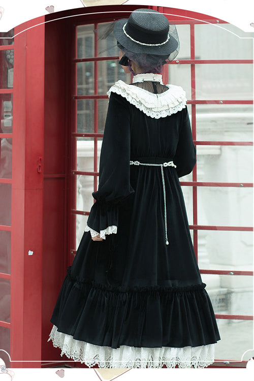 Black Silk Velvet Doll Collar Elegant Long Classic Lolita OP Dress