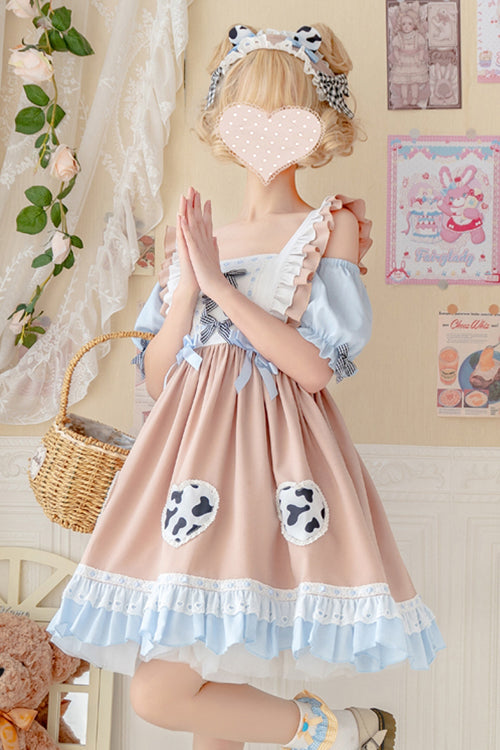 Apricot Pastoral Girl Ruffled Sling Short Sleeves High Waisted Sweet Lolita OP Dress