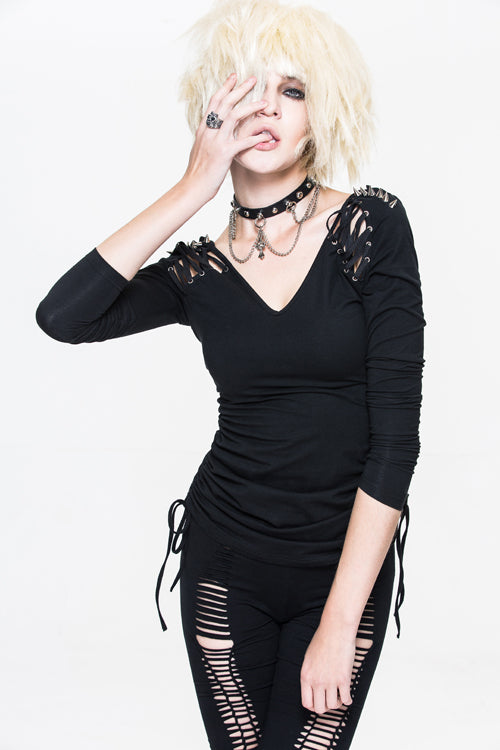 Black Punk Cotton Knitted Sexy Big V Neck Long Sleeve Womens Dress