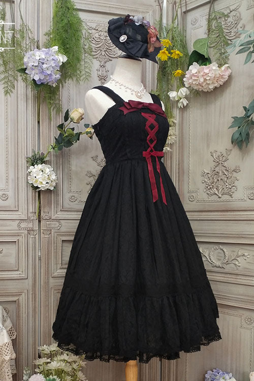 Black Solid Color Elegant Vintage Rose Multi-Layer Embroidery Ruffled Sweet Lolita JSK Dress