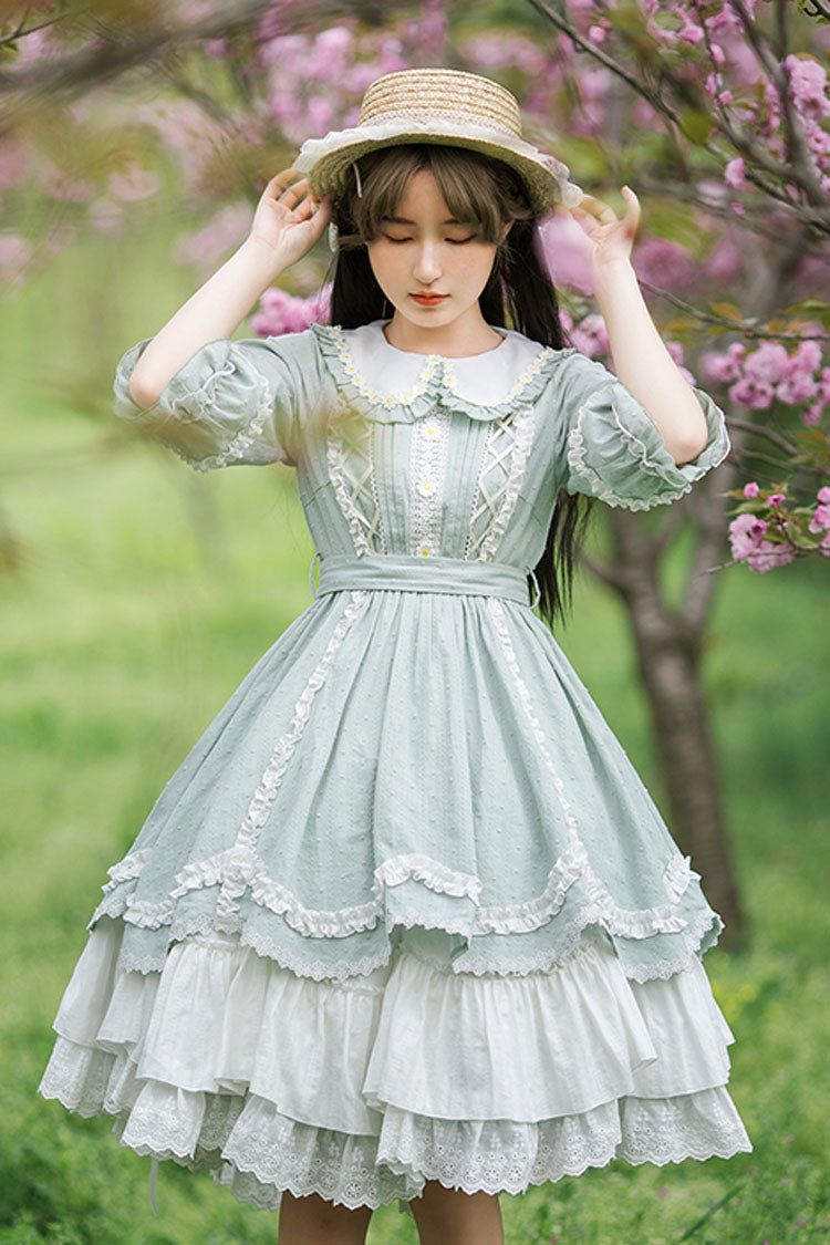 Green Doll Collar Lantern Half Sleeves Lace Ruffled Sweet Lolita