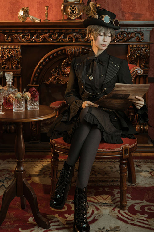 Black/Brown Single Breasted Long Sleeves Ruffled Striped Print Ouji Lolita Dress