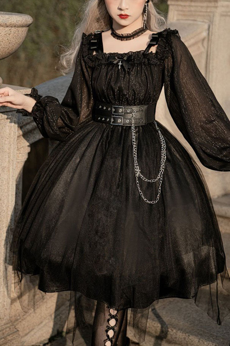 Black Square Collar Metal Chain Organza Stitching Gothic Lolita OP Dress (Short Version) – LolitaInside
